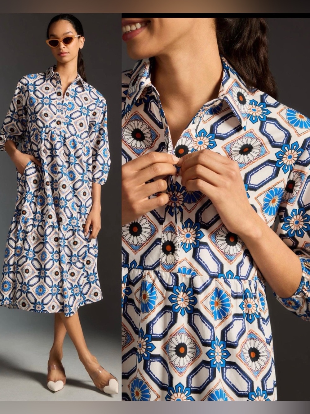 Anthropologie Maeve Bettina Midi Tiered Dress I. sapphire White Tile Print , XXS